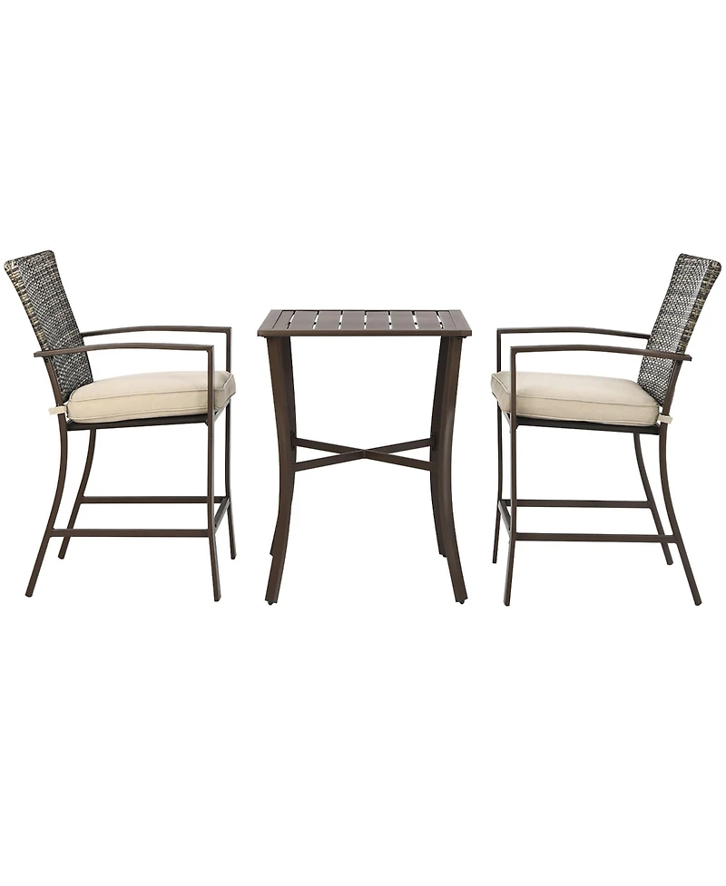 3PCS Patio Rattan Bar Furniture Set Slat Table 2 Cushioned Stools Poolside