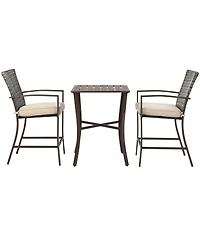 3PCS Patio Rattan Bar Furniture Set Slat Table 2 Cushioned Stools Poolside