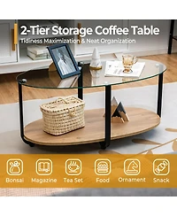 Glass-Top Coffee Table 2-Tier Modern Oval Side Sofa Table w/ Storage Shelf