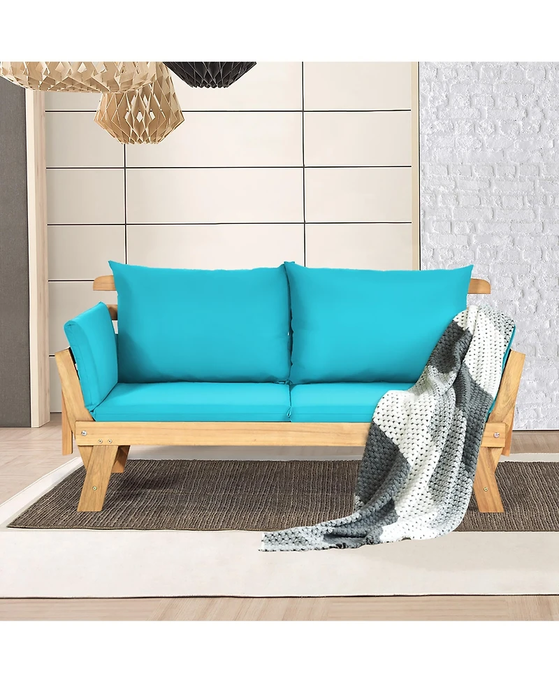 Costway Patio Convertible Sofa Daybed Solid Wood Adjustable Thick Cushion