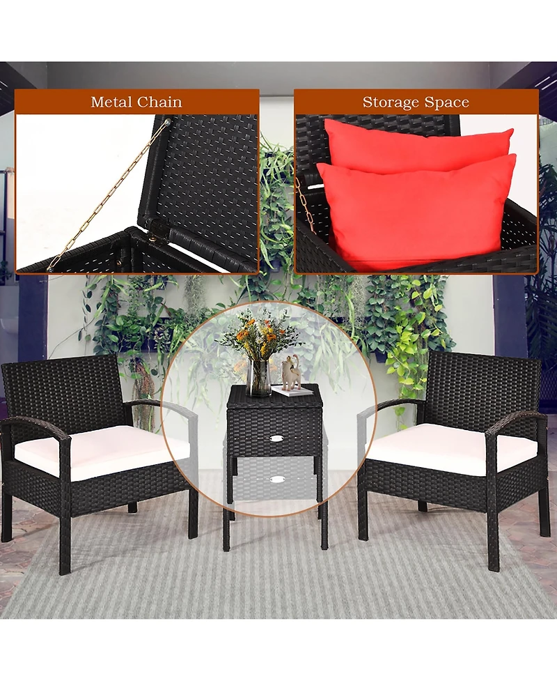 3PC Outdoor Patio Rattan Furniture Set Storage Coffee Table Cushioned Sofa