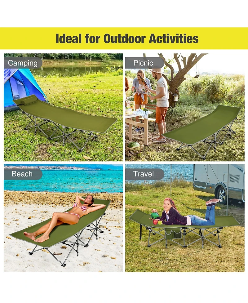 Camping Cot Heavy-Duty Outdoor Cot Bed w/ Side Storage Pocket