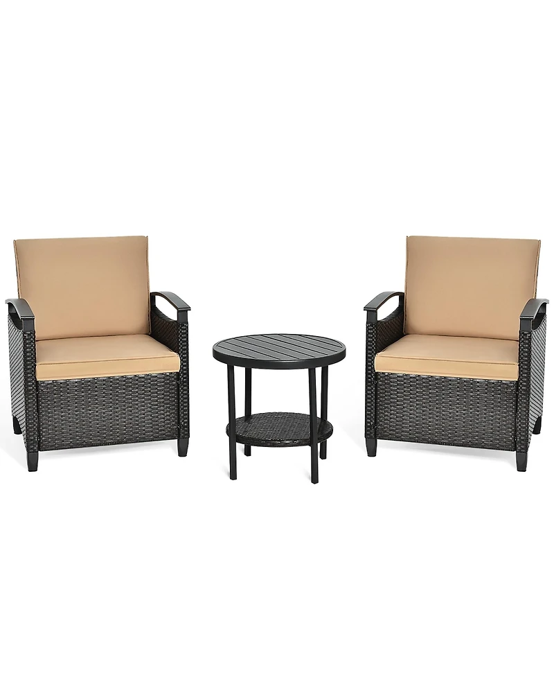 3PCS Patio Rattan Furniture Set Cushioned Sofa Storage Table W/ Shelf Garden