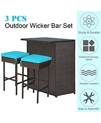 Costway 3PCS Patio Rattan Wicker Bar Table Stools Dining Set Cushioned Chairs