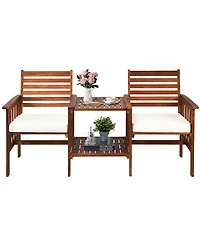 Gymax Acacia Wood Loveseat Patio Outdoor Conversation Set w/ Table Cushion