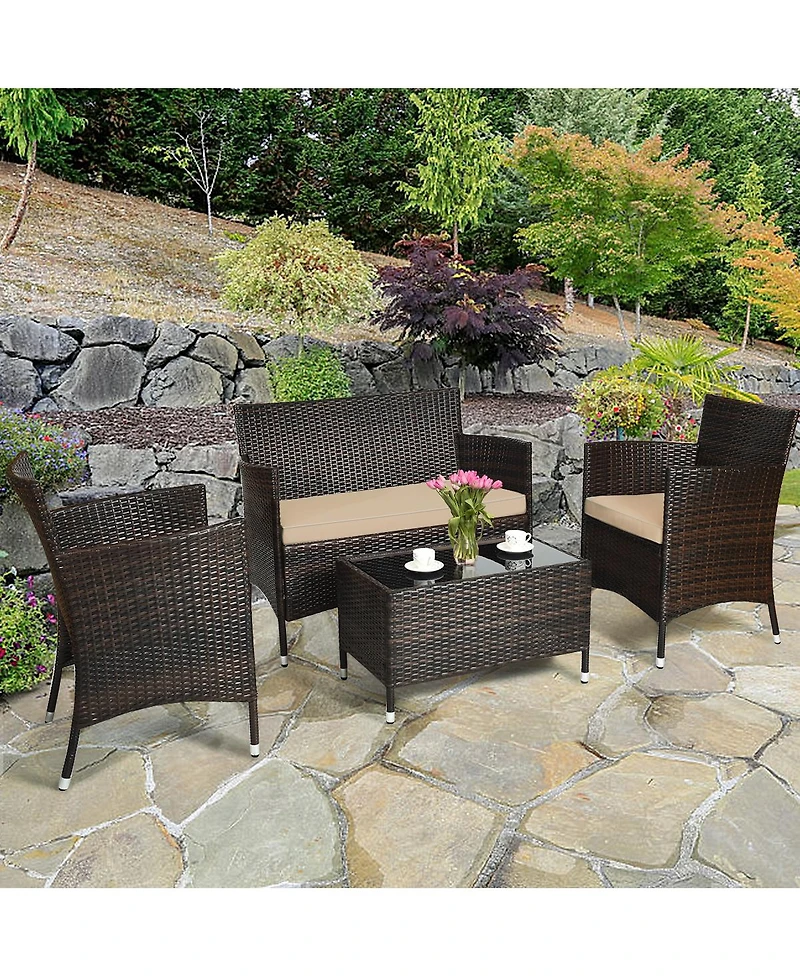 Sugift 4 Pieces Comfortable Outdoor Rattan Sofa Set with Glass Coffee Table