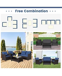 Gymax 4PCS Outdoor Conversation Set Patio Pe Rattan w/ Glass Table & Sofa Cushions