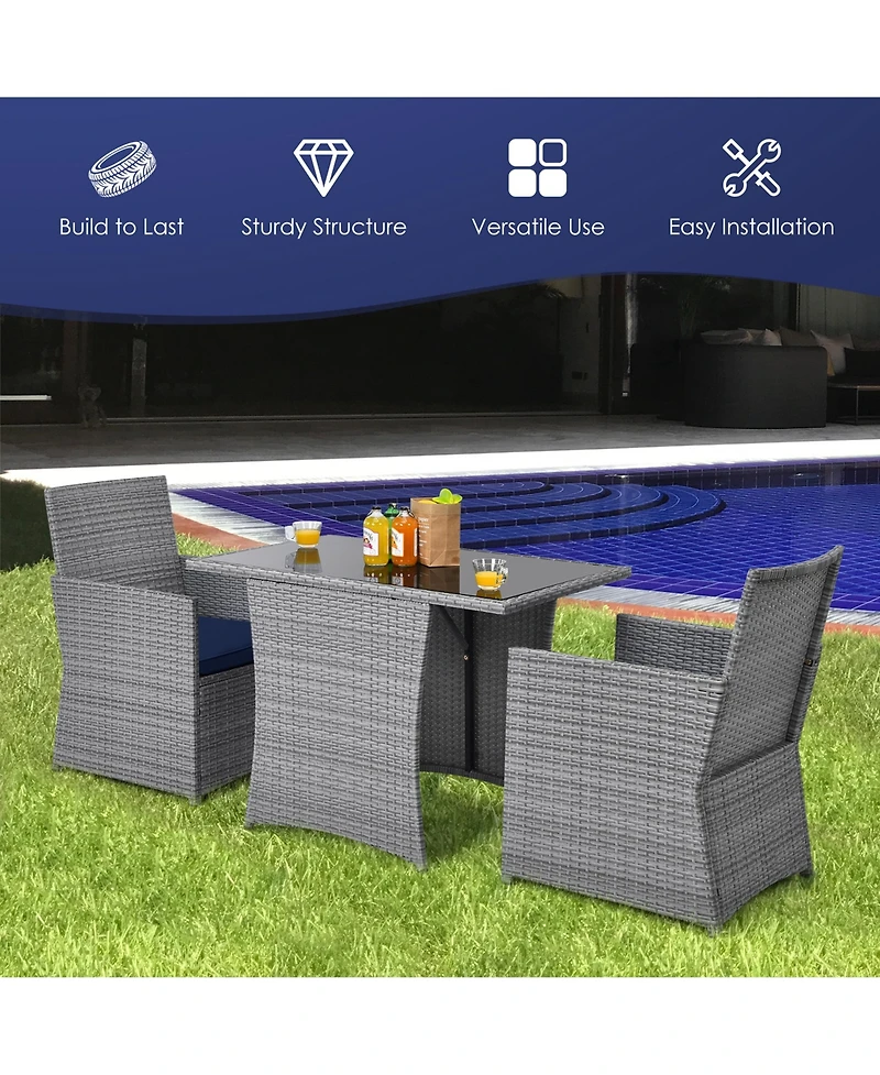 Gymax 3PCS Outdoor Rattan Conversation Set Patio Dining Table Set w/ Navy Cushions