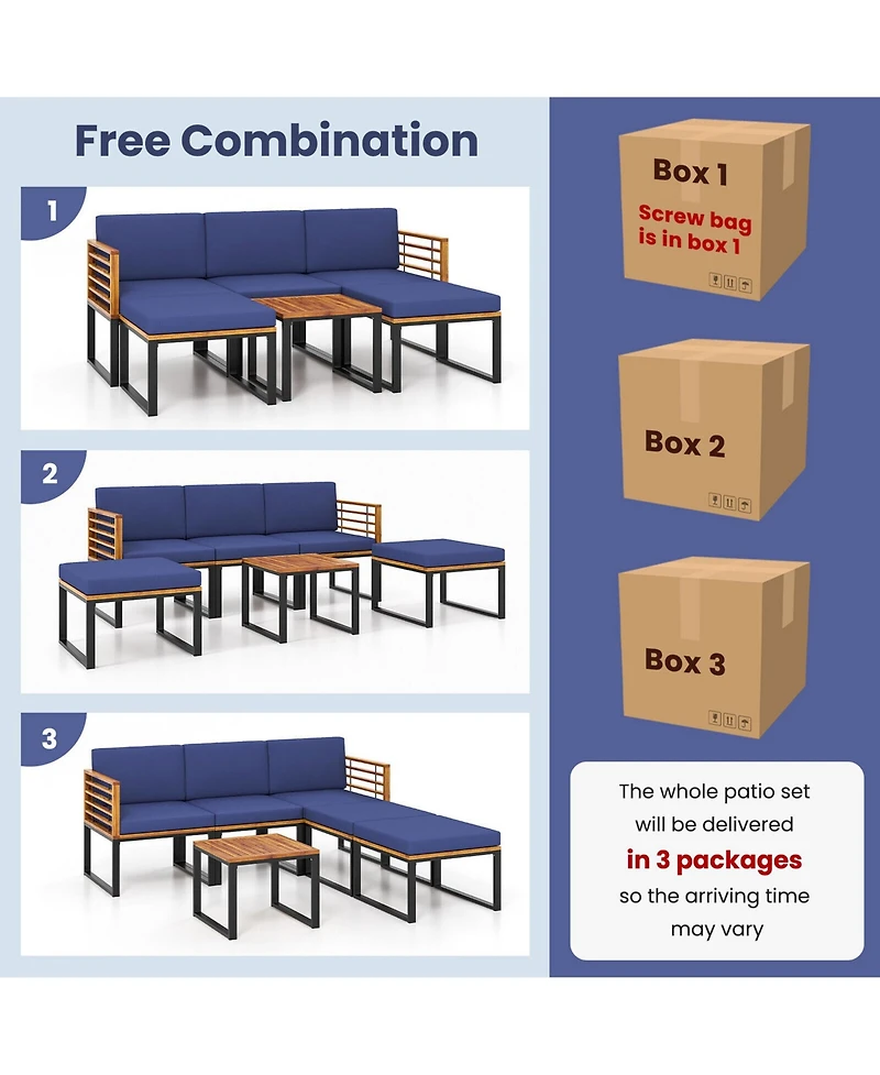 Gymax 6PCS Patio Conversation Sofa Set Acacia Wood Outdoor Furniture Set w/ Navy Cushions