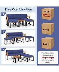 Gymax 6PCS Patio Conversation Sofa Set Acacia Wood Outdoor Furniture Set w/ Navy Cushions