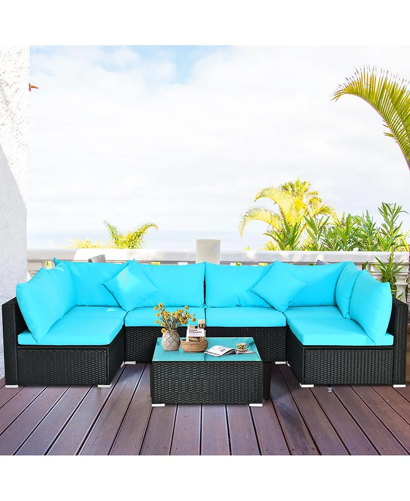 Gymax 7PCS Rattan Patio Conversation Set Sectional Furniture Set w/ Cushion