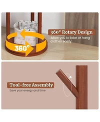Freestanding Wooden Coat Tree 360° Rotary Coat Rack with 3 Display Storage Shelves