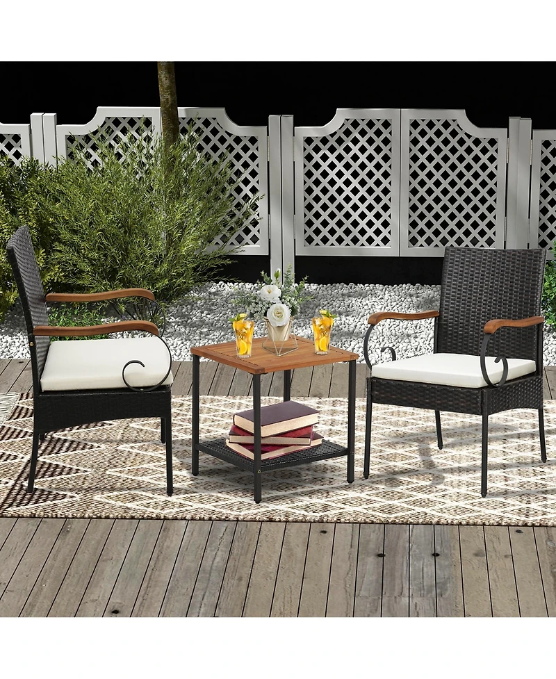 4PCS Patio Pe Wicker Chairs Acacia Wood Armrests with Soft Zippered Cushion Garden