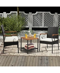 4PCS Patio Pe Wicker Chairs Acacia Wood Armrests with Soft Zippered Cushion Garden