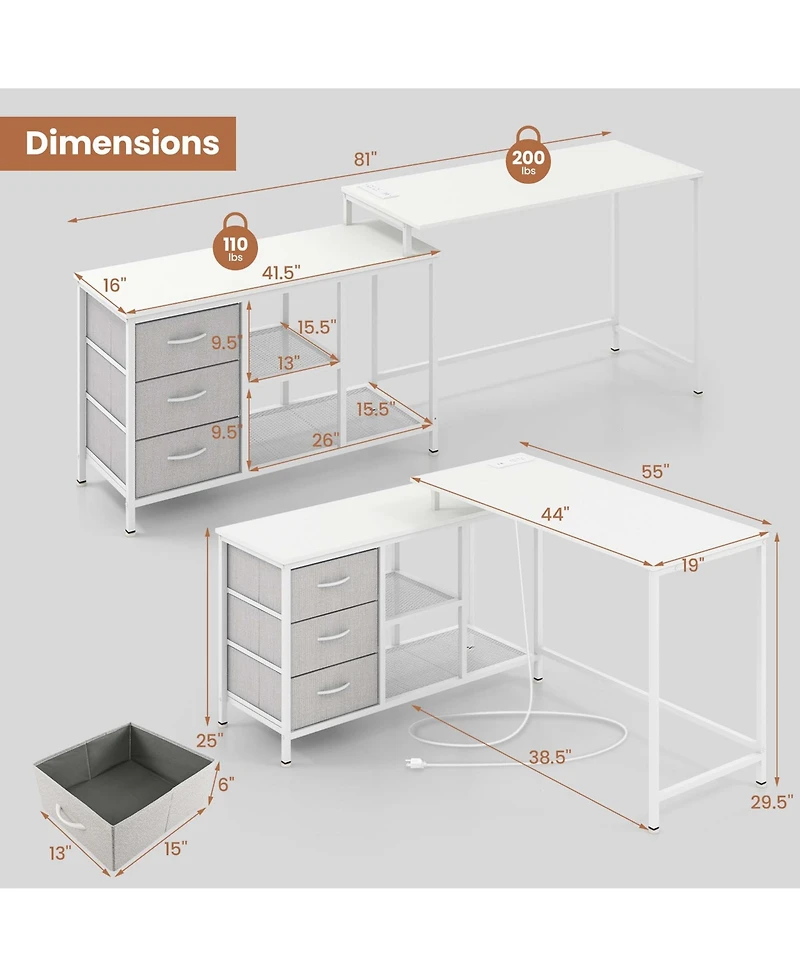 L-shaped Computer Desk with Power Outlet, Drawers, Metal Mesh Shelves