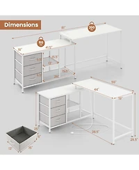 L-shaped Computer Desk with Power Outlet, Drawers, Metal Mesh Shelves
