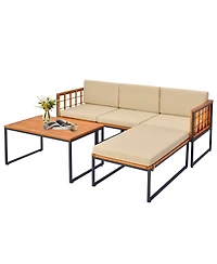 Costway 5 Pcs Patio Furniture Set Acacia Wood Sectional Set with Seat & Back Cushions