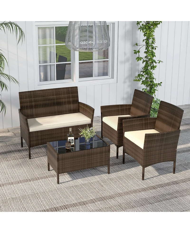 4 Pcs Patio Furniture Set with Washable Cushions and Tempered Glass Coffee Table