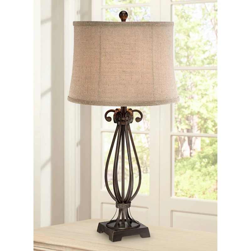 Regency Hill Taos Traditional Table Lamp 32" Tall Iron Open Scroll Base Neutral Burlap Shade for Bedroom Living Room Bedside Nightstand Office Ki