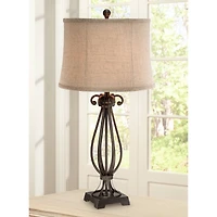 Regency Hill Taos Traditional Table Lamp 32" Tall Iron Open Scroll Base Neutral Burlap Shade for Bedroom Living Room Bedside Nightstand Office Ki