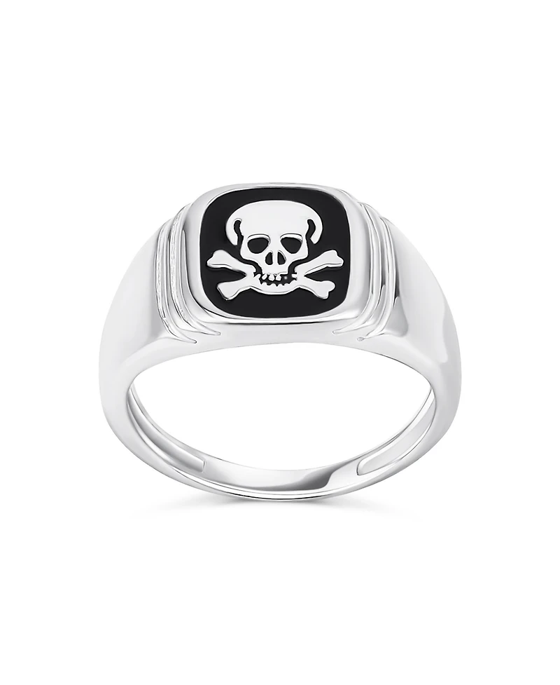 Bling Jewelry Elegant Statement Classic Flat Black Natural Onyx s Signet Skull Crossbones Ring Sterling Silver