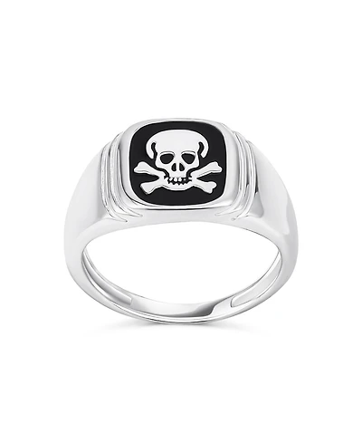 Bling Jewelry Elegant Statement Classic Flat Black Natural Onyx s Signet Skull Crossbones Ring Sterling Silver