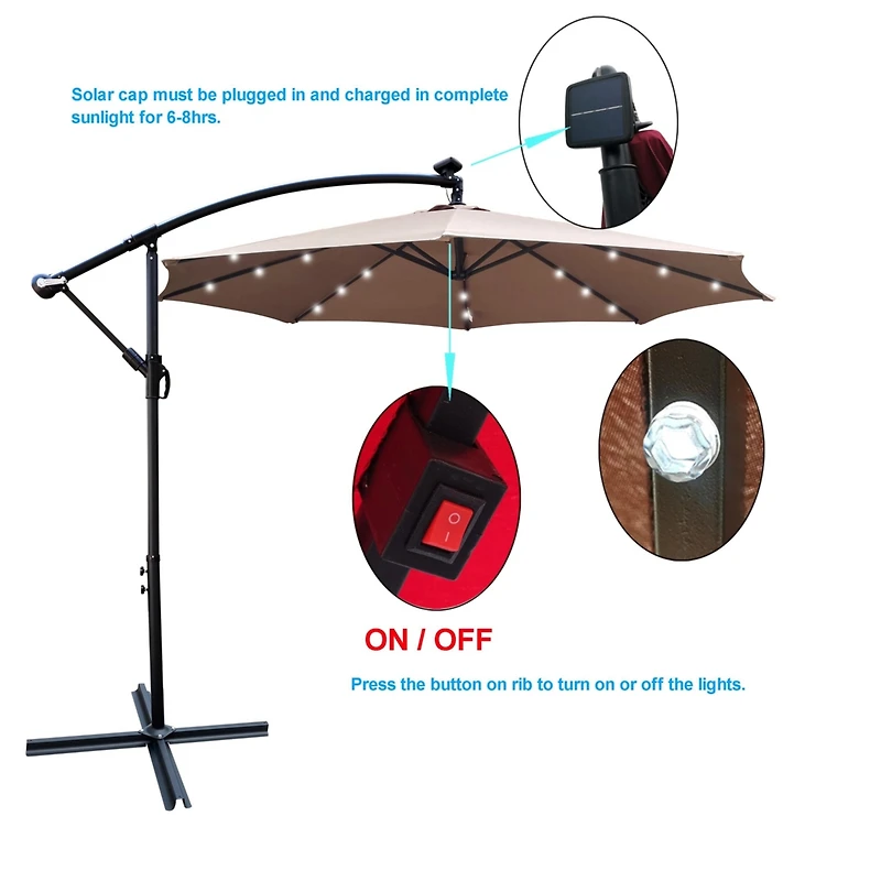 Streamdale 10ft Led Solar Patio Umbrella with Crank and Cross Base