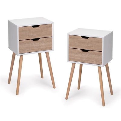 Simplie Fun 2-Drawer Nightstand with Solid Wood Legs, White/Walnut
