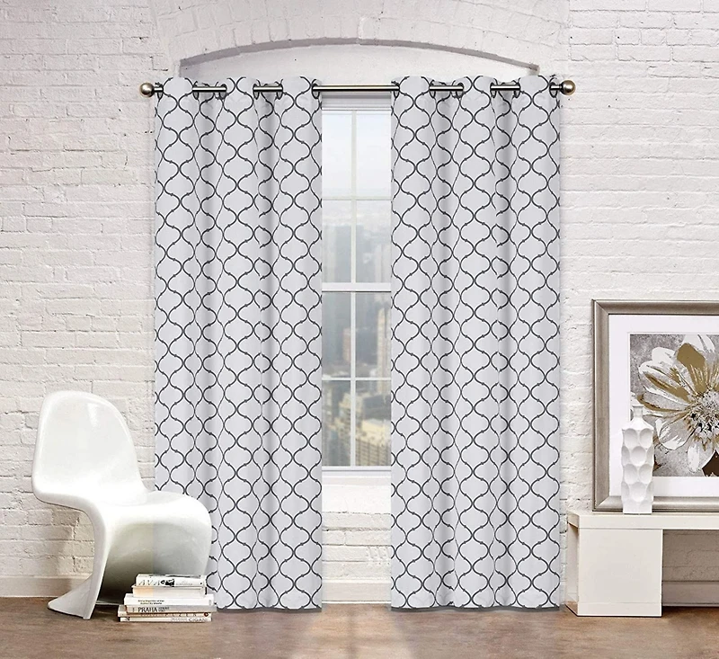 Kate Aurora Contemporary Living 2 Pack Gray And White Trellis Clover Window Curtains - 38 in. W x 84 in. L