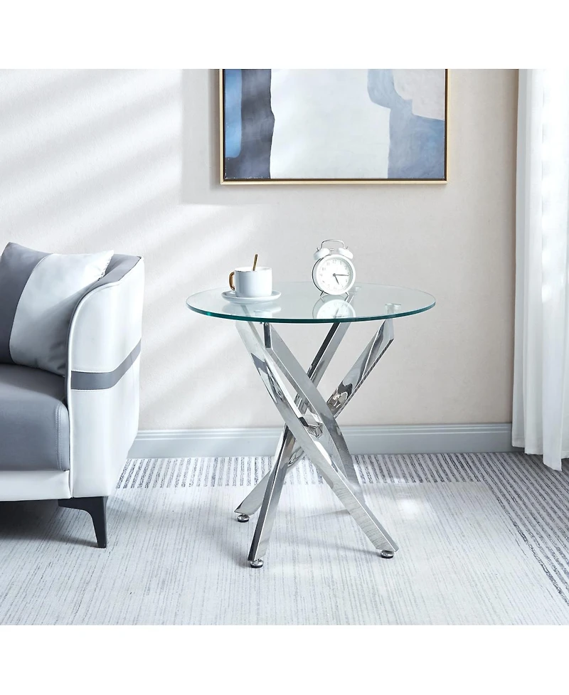 Simplie Fun Modern Round Tempered Glass End Table With Chrome Legs