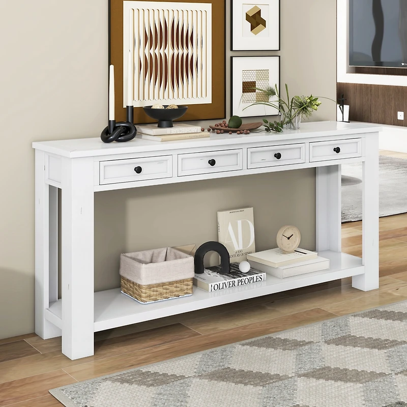 Streamdale Antique White Sofa Table with Drawers and Shelf