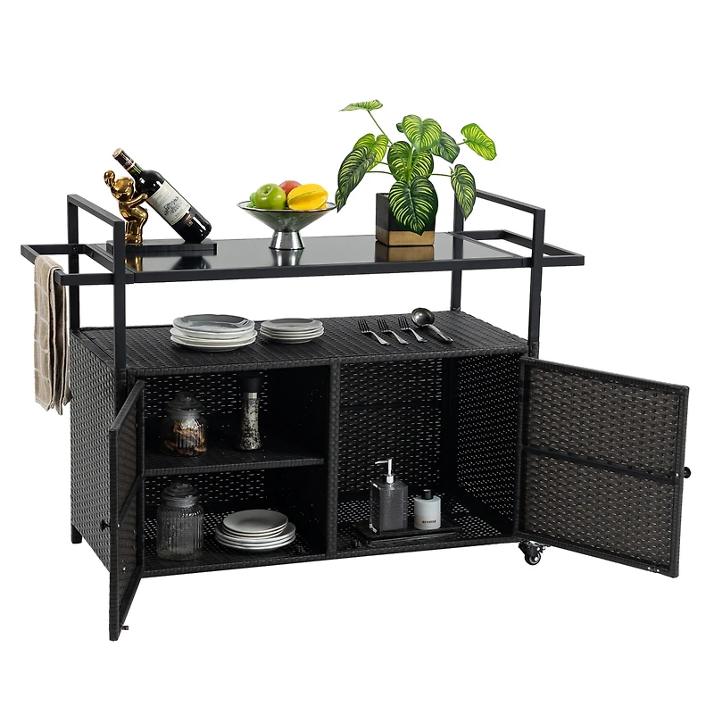 Streamdale Wicker Bar Cart with Wheels, Glass Top