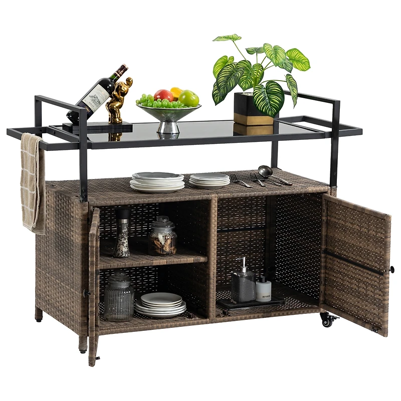 Streamdale Outdoor Wicker Bar Cart with Glass Top