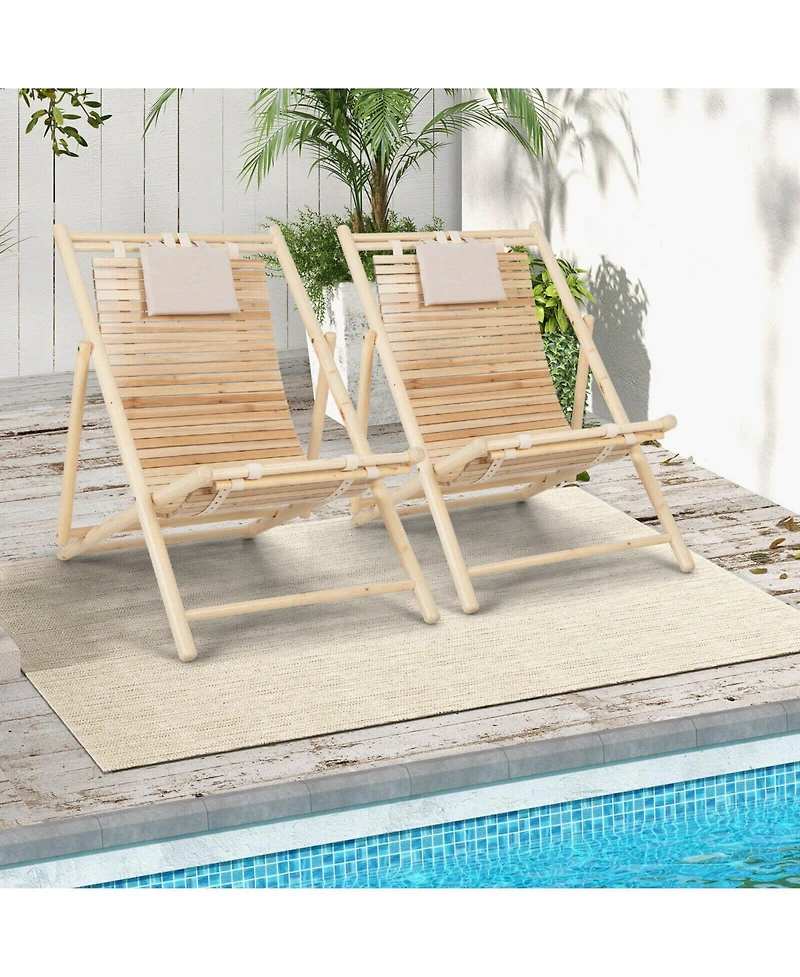 Slickblue Solid Fir Wood Lounge Chair with 3-Level Adjustable Backrest and Soft Padded Headrest-Natural