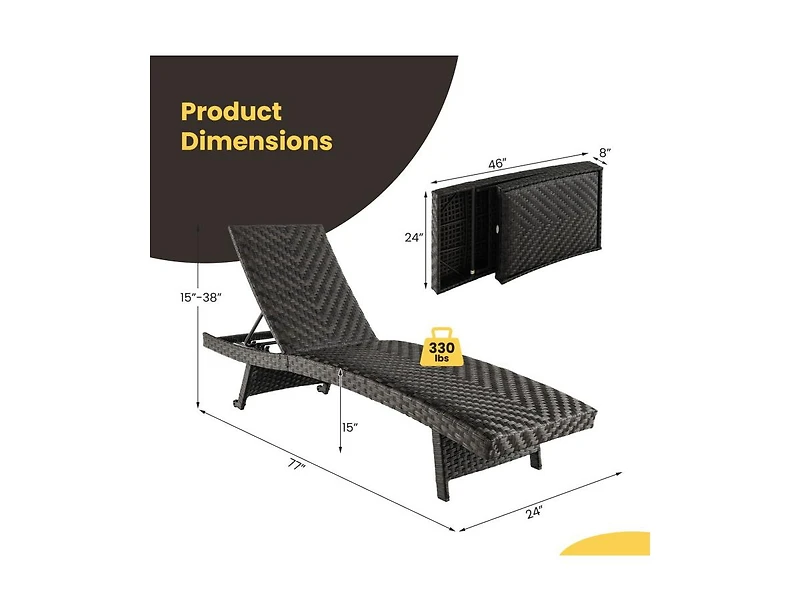 Slickblue Folding Padded Rattan Patio Chaise Lounge with Adjustable Backrest and Quick Dry Foam