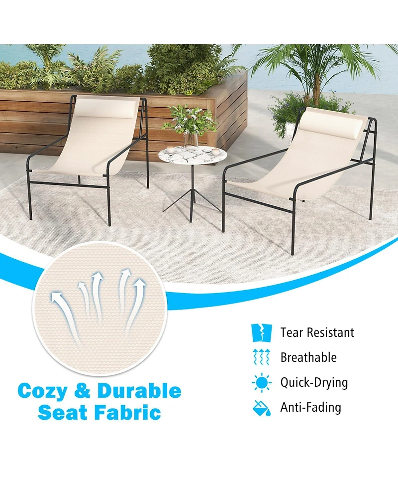 Slickblue Patio Sling Lounge Chair with Removable Headrest Pillow and Metal Frame-Beige