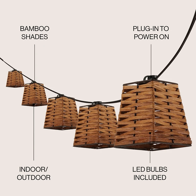 Jonathan Y Quinn 10-Light Indoor/Outdoor 10 ft. Classic Vintage Led G40 Square Bamboo Shaded String Lights, Brown
