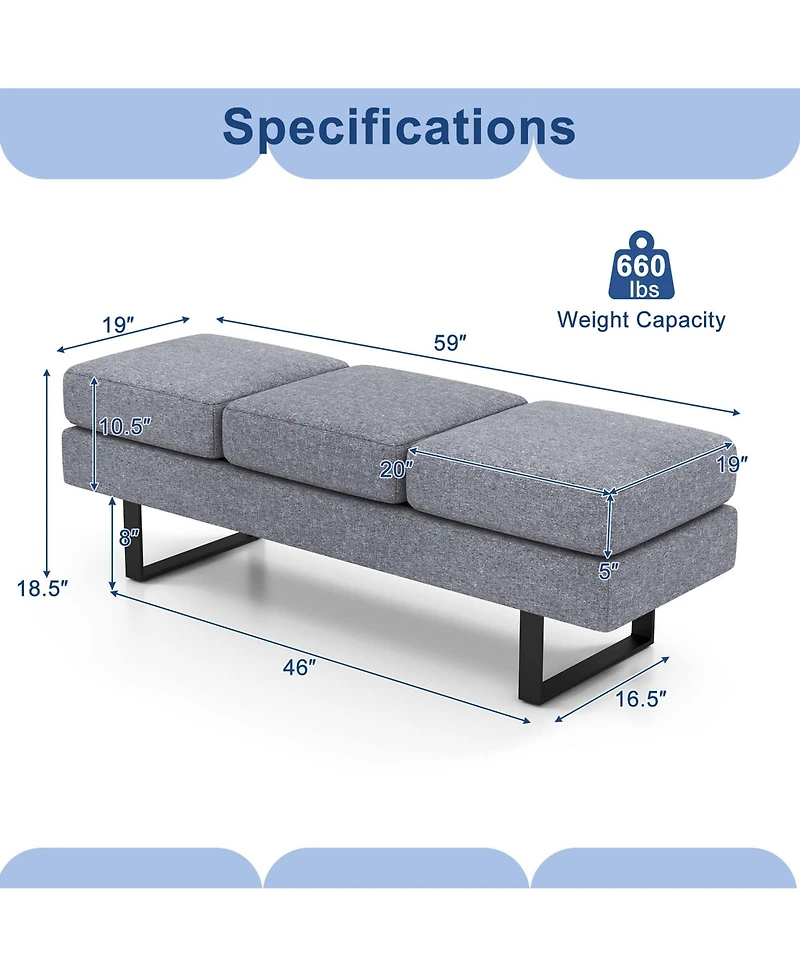 Waiting Room Bench Seating with Metal Frame Leg Upholstered Reception Bench