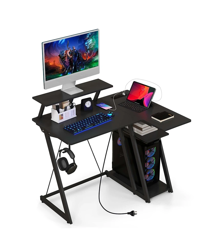Costway L-Shaped Gaming Desk with Outlets & Usb Ports Monitor Shelf Headphone Hook