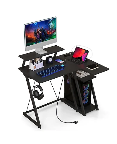 Costway L-Shaped Gaming Desk with Outlets & Usb Ports Monitor Shelf Headphone Hook