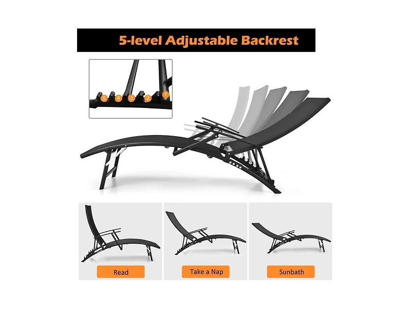 Slickblue 2 Pieces Patio Folding Stackable Lounge Chair Chaise with Armrest-Black