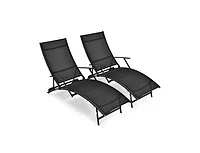 Slickblue 2 Pieces Patio Folding Stackable Lounge Chair Chaise with Armrest-Black
