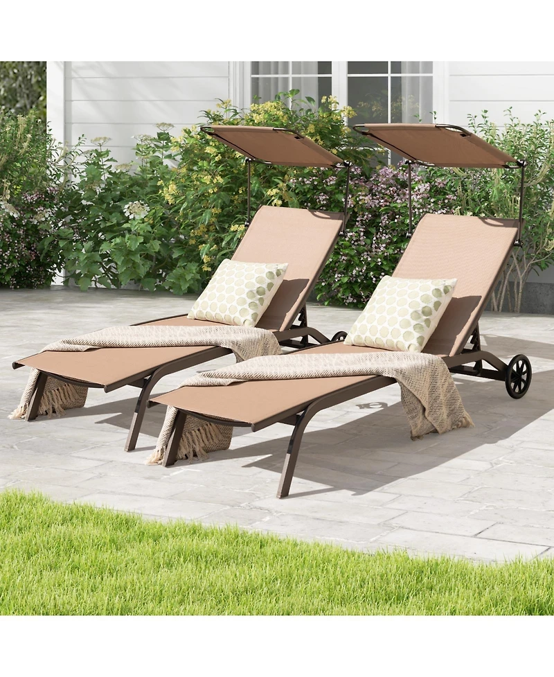 Slickblue Patio Heavy-Duty Adjustable Chaise Lounge Chair with Canopy Cup holder and Wheels-Brown