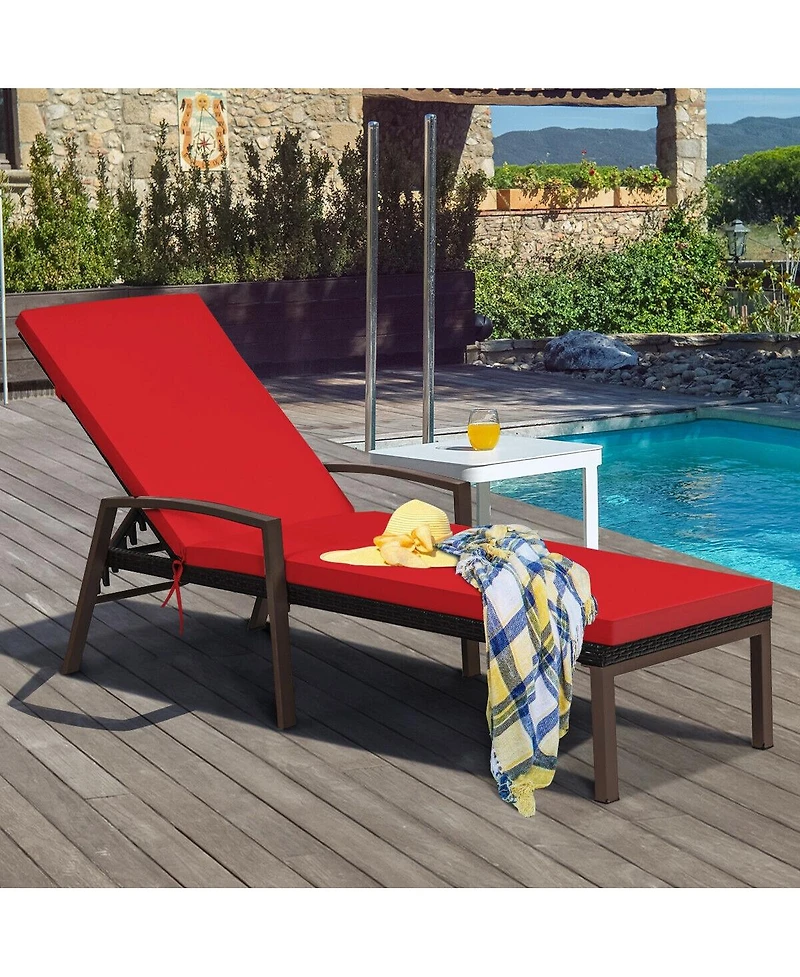 Slickblue 2 Pieces Patio Rattan Reclining Chaise Lounge Chair with Cushion and Armrest
