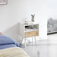 Simplie Fun Rattan End Table With Power Outlet & Usb Ports, Modern Nightstand With Drawer And Solid Wood