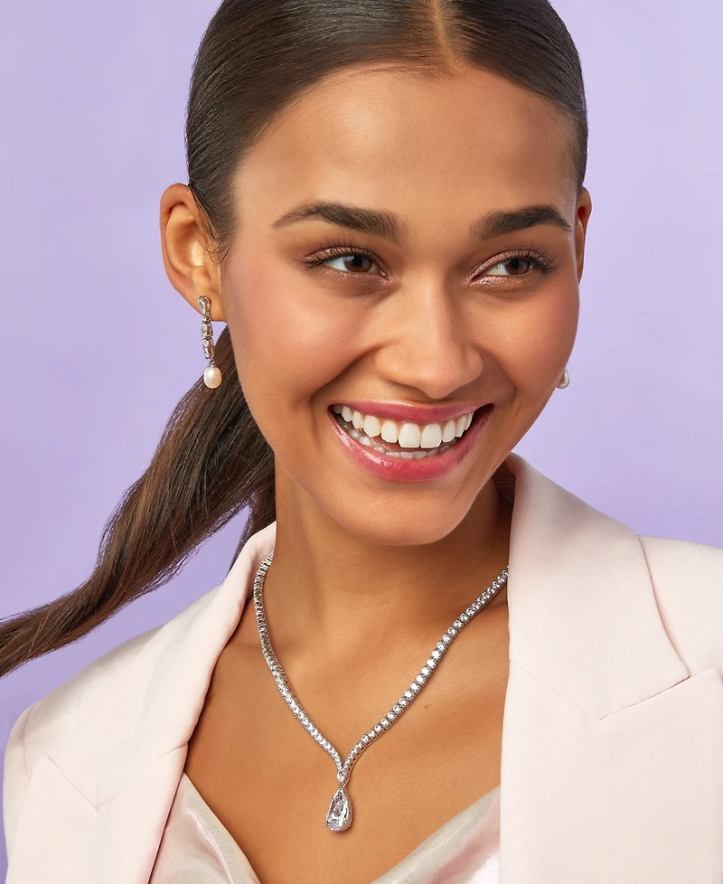 Arabella Cultured Freshwater Pearl (9 x 7mm) & Cubic Zirconia Drop Earrings in Sterling Silver, Created for Macy's
