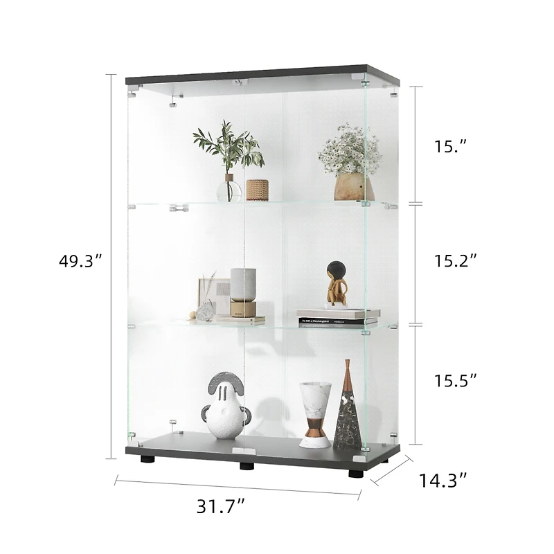 Simplie Fun Black 3-Shelf Glass Display Cabinet, 49.3" x 31.7" x 14.3"