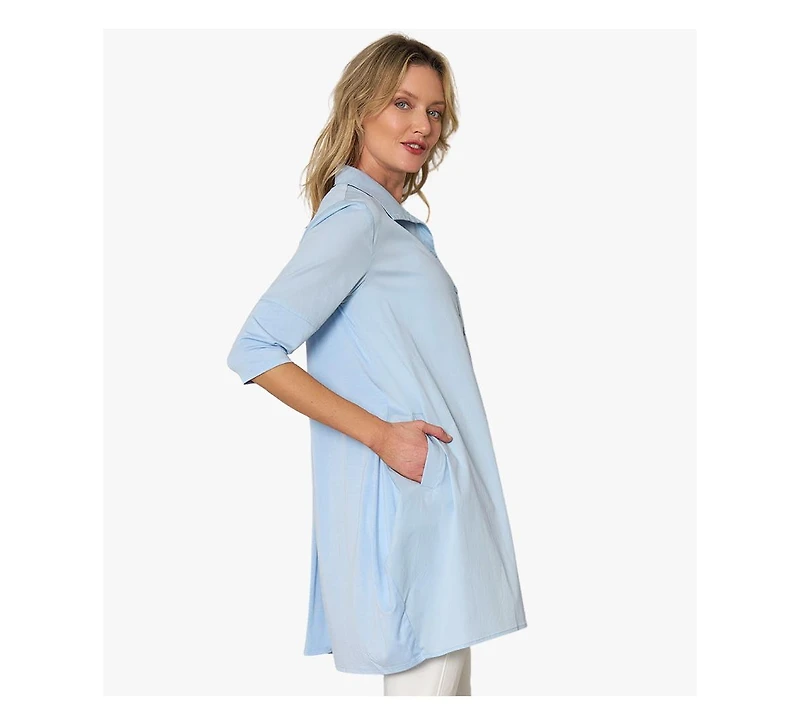 Stella Carakasi Women's 3/4 Sleeve Button-Front Cotton Poplin And Jersey Shirt Top Tiburon Tunic Icon