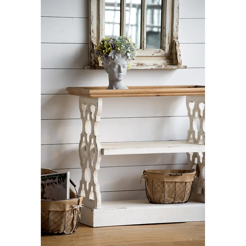 Streamdale Furniture 35.5" X 14" X 32" Distressed White And Natural Wood Shelf Tray, French Country Console Table