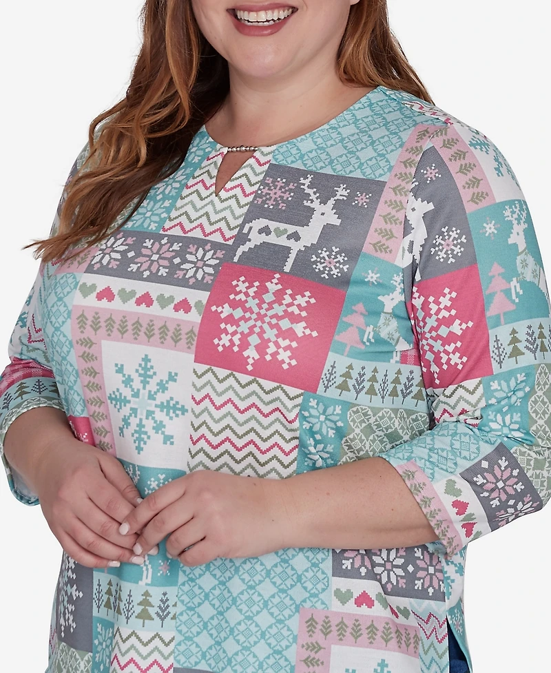 Alfred Dunner Plus Size Classic Reindeer Patchwork Top